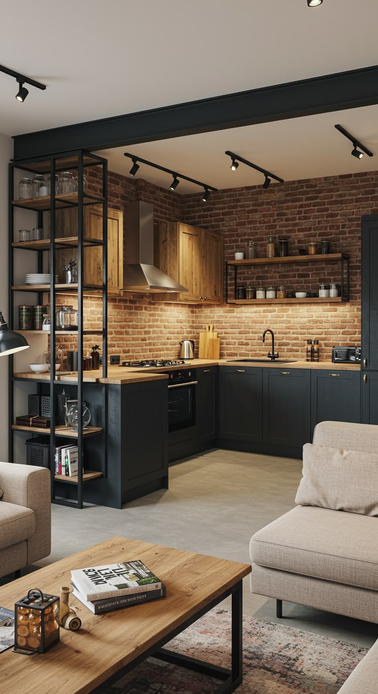 Cocina industrial cálida con madera